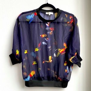 NWOT Blue butterfly print cap sleeve sheer top blouse